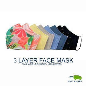 Pack of 3, Face mask 100% Cotton Washable Reusable